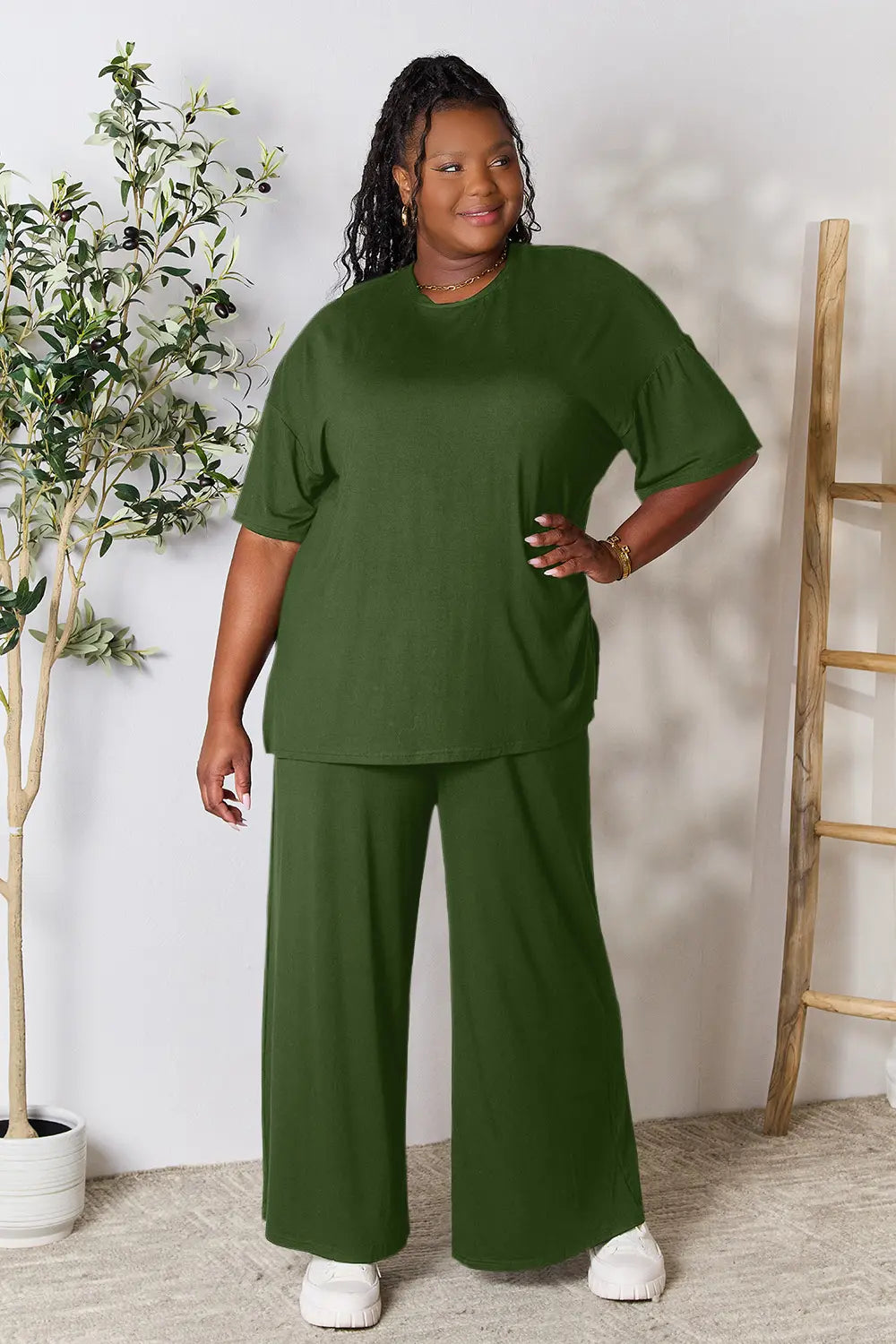 Plus Size Round Neck Slit Top and Pants Set in Army Green for Women