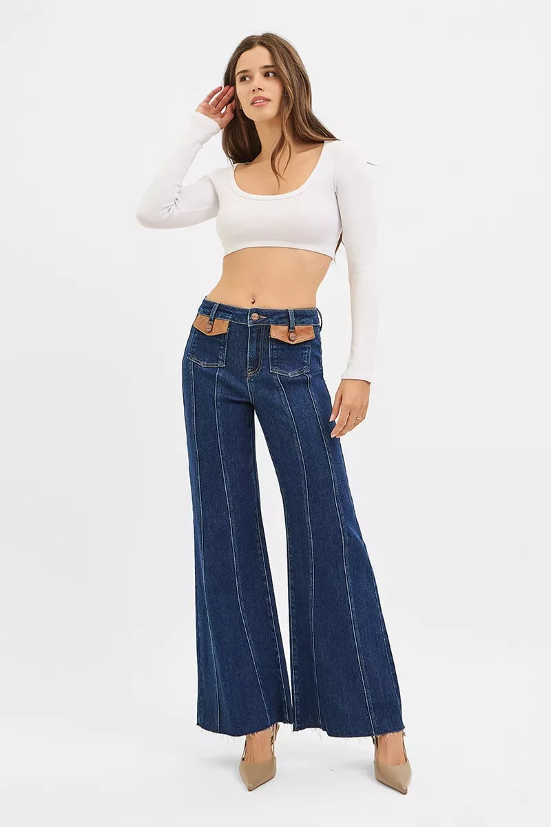 High Rise Wide Flare Jeans with Front Leather Pocket Detail in Dark for Women