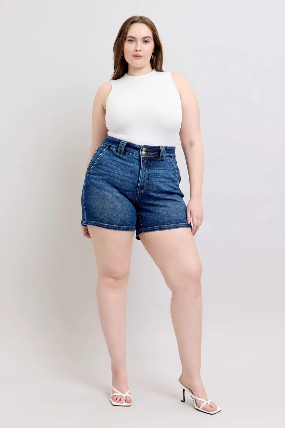 Double Button Waistband Denim Shorts Plus Size in Dark for Women