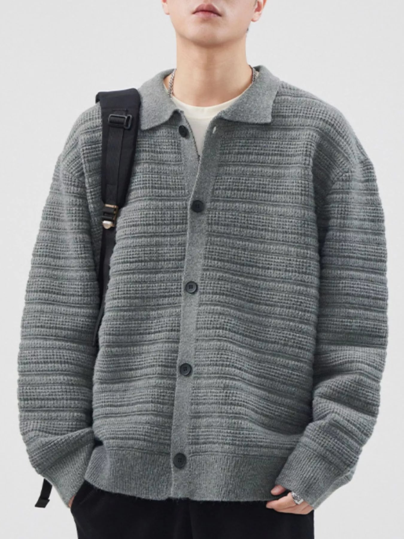Plus Size Button Up Long Sleeve Cardigan in Dark Gray for Men