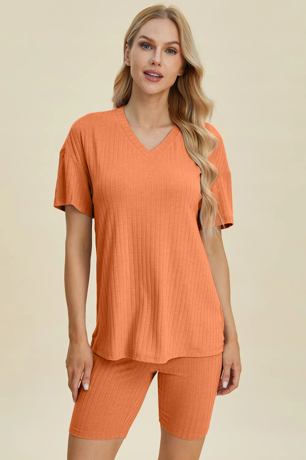 Plus Size Ribbed V-Neck Short Sleeve Top and Shorts Set in Blue for Women