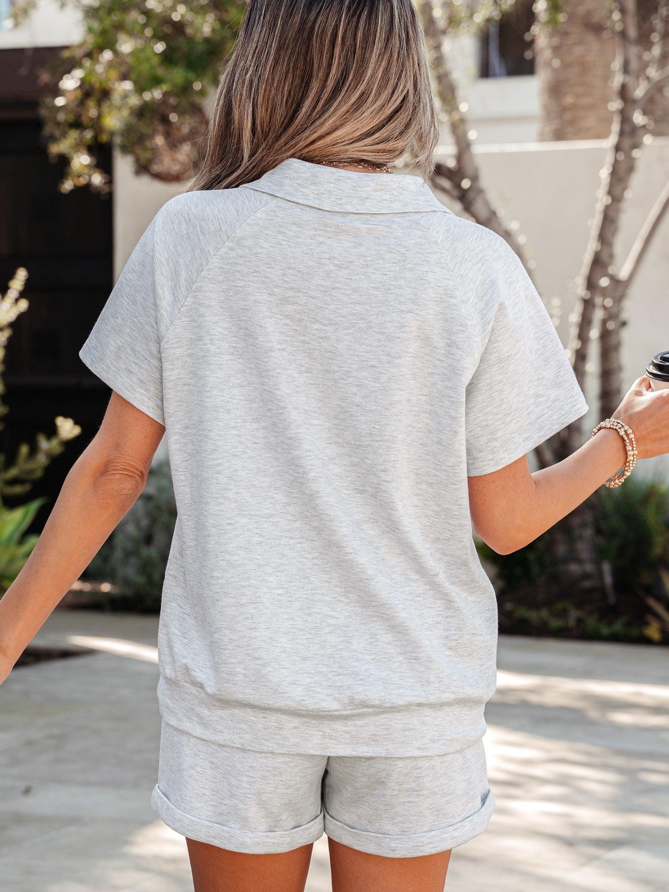 Polo Collar Short Sleeve Top and Shorts Set in Light Gray for Women