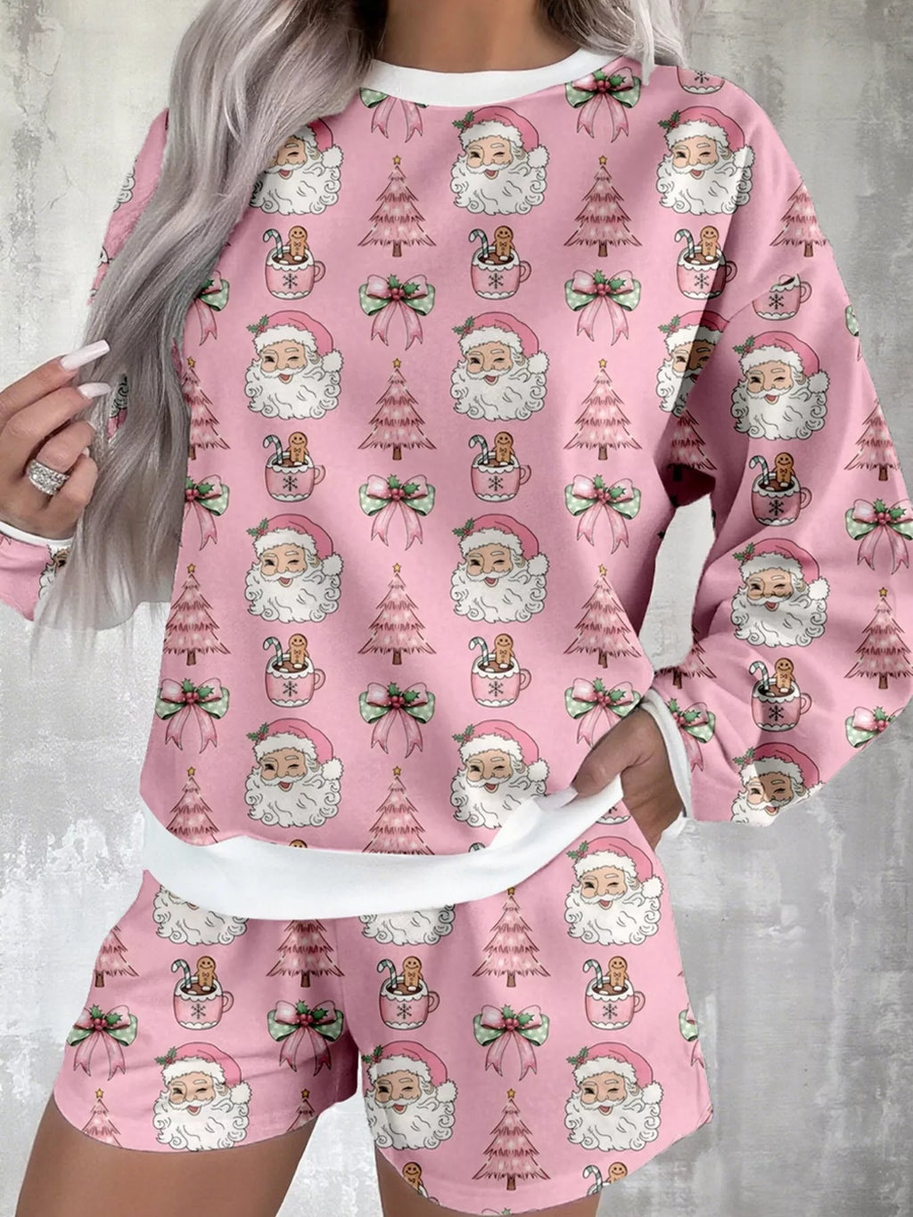 Christmas Santa Print Round Neck Top and Shorts Lounge Set in Dusty Pink for Women