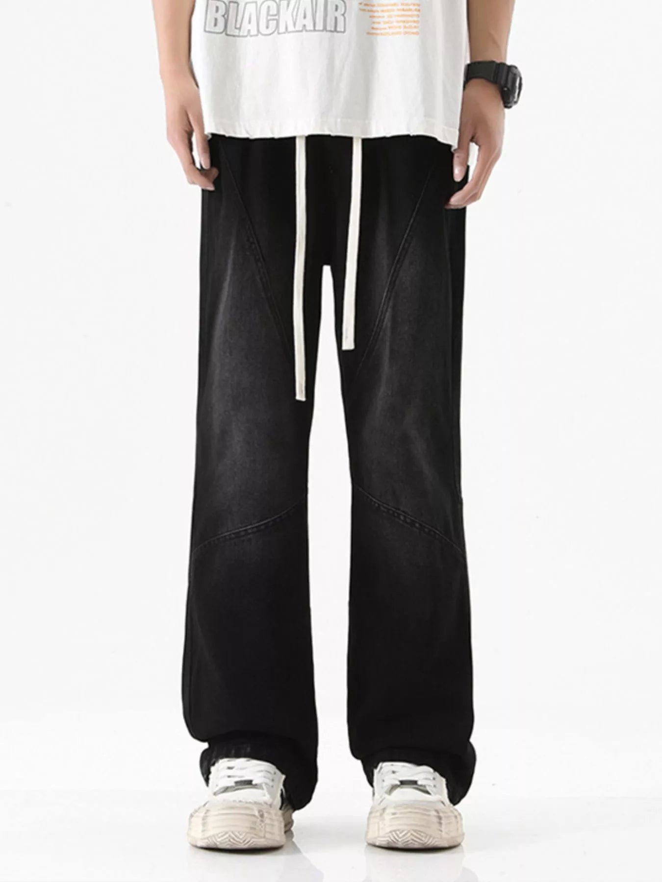 Drawstring Wide Leg Jeans Plus Size in Black in Ash for Men
