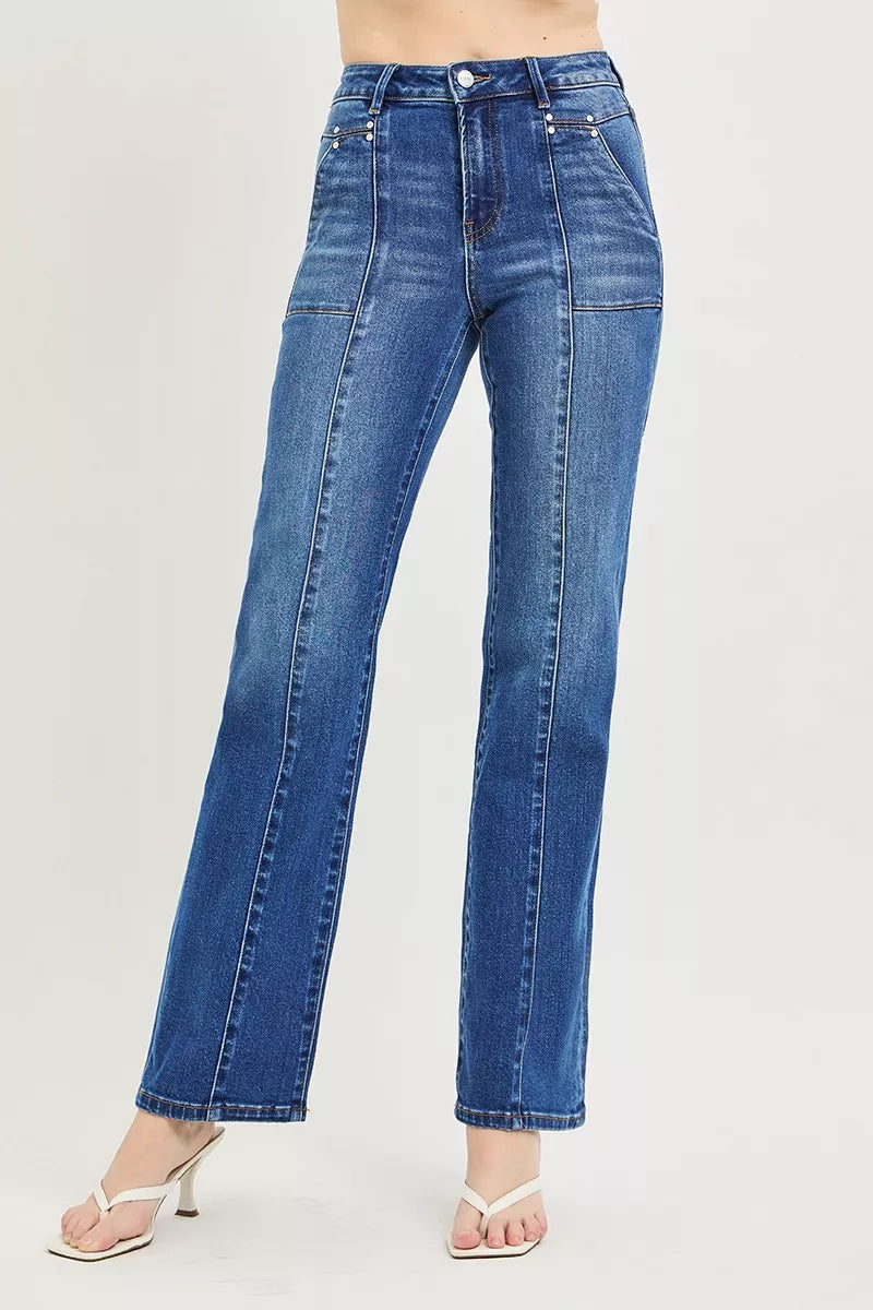 High Rise Straight Patch Pocket Seamed Jeans in Dark for Women