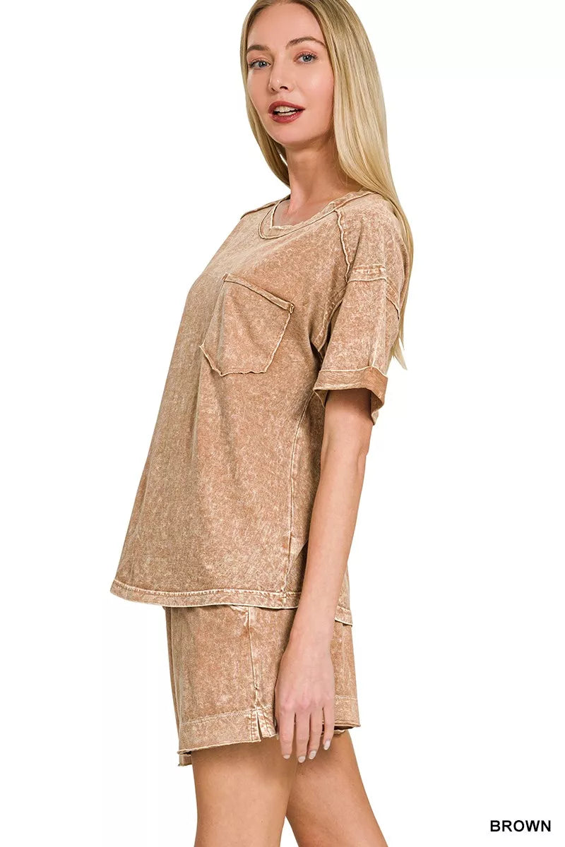 Halo Snow Washed Exposed Seam Top & Shorts Set in Brown for Women