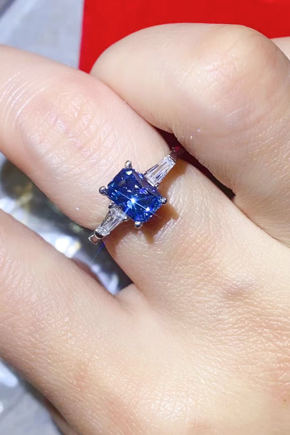 1 Carat Moissanite Platinum-Plated Rectangle Ring in Blue for Women