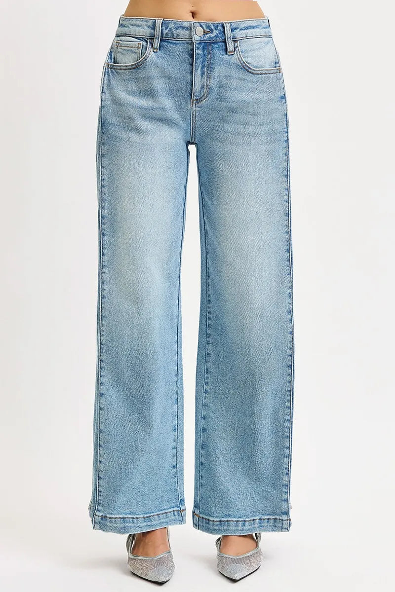 Mid Rise Wide Barrel Transferable Leg Snap Jeans in Medium for Women