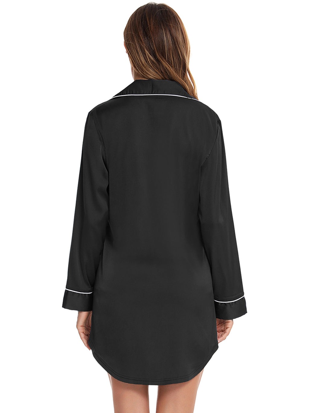 Button Up Lapel Collar Night Dress with Pocket in Black for Women