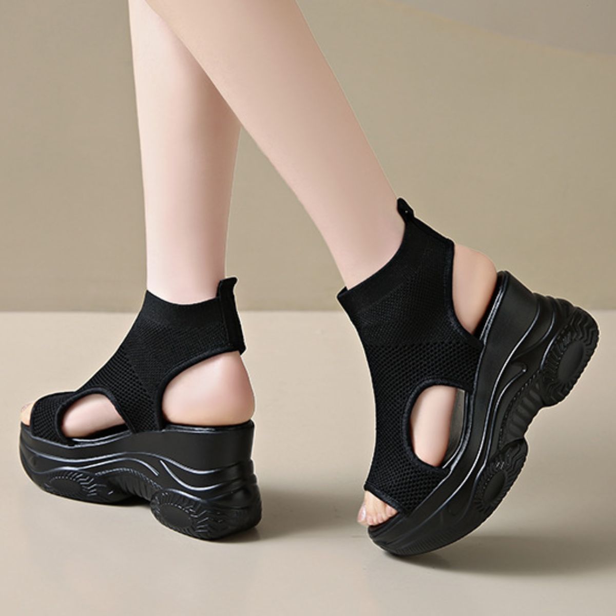 Cutout Mesh Wedge Sandals in Black Lace for Women
