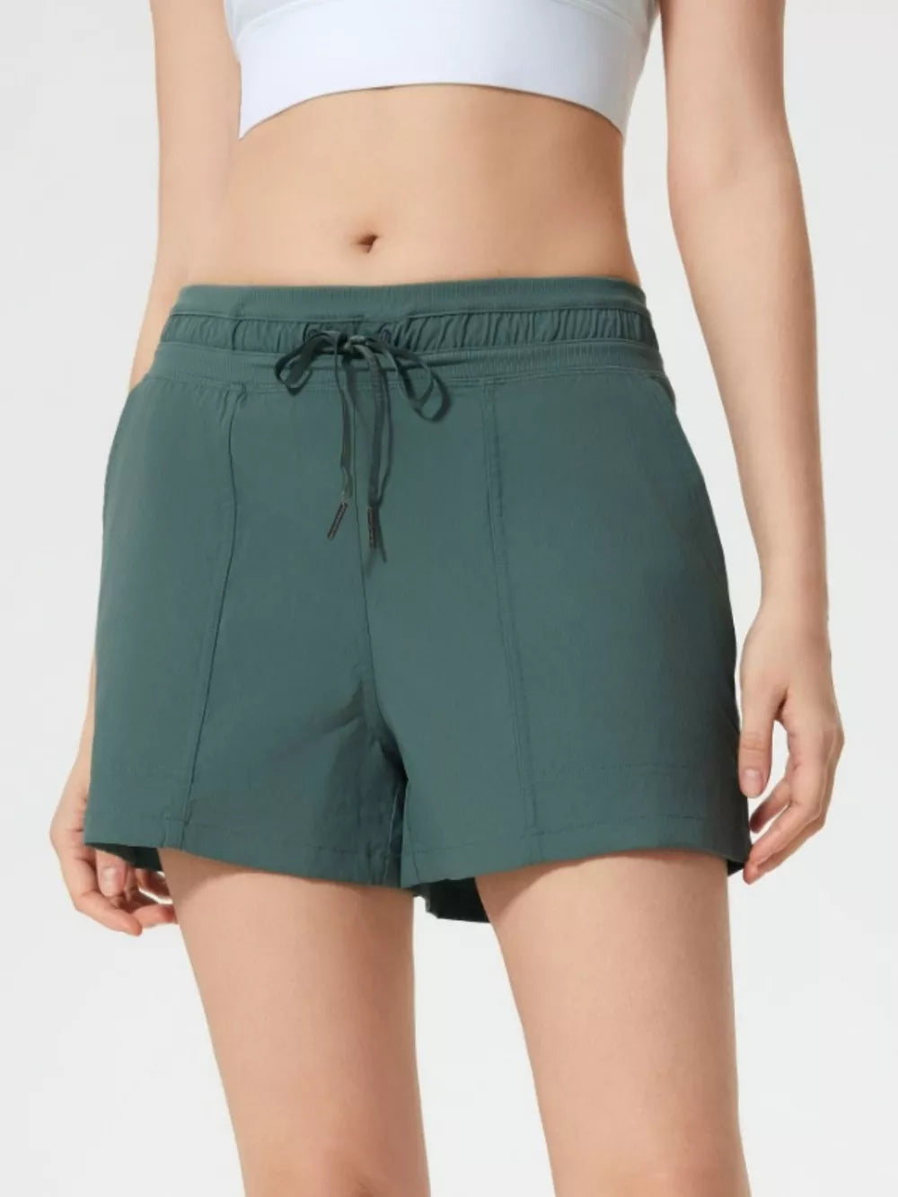Drawstring Active Shorts with Pockets in Dark Green for Women