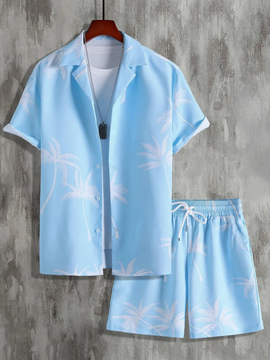 Palm Print Button Up Shirt and Shorts Set Plus Size in Black for Men