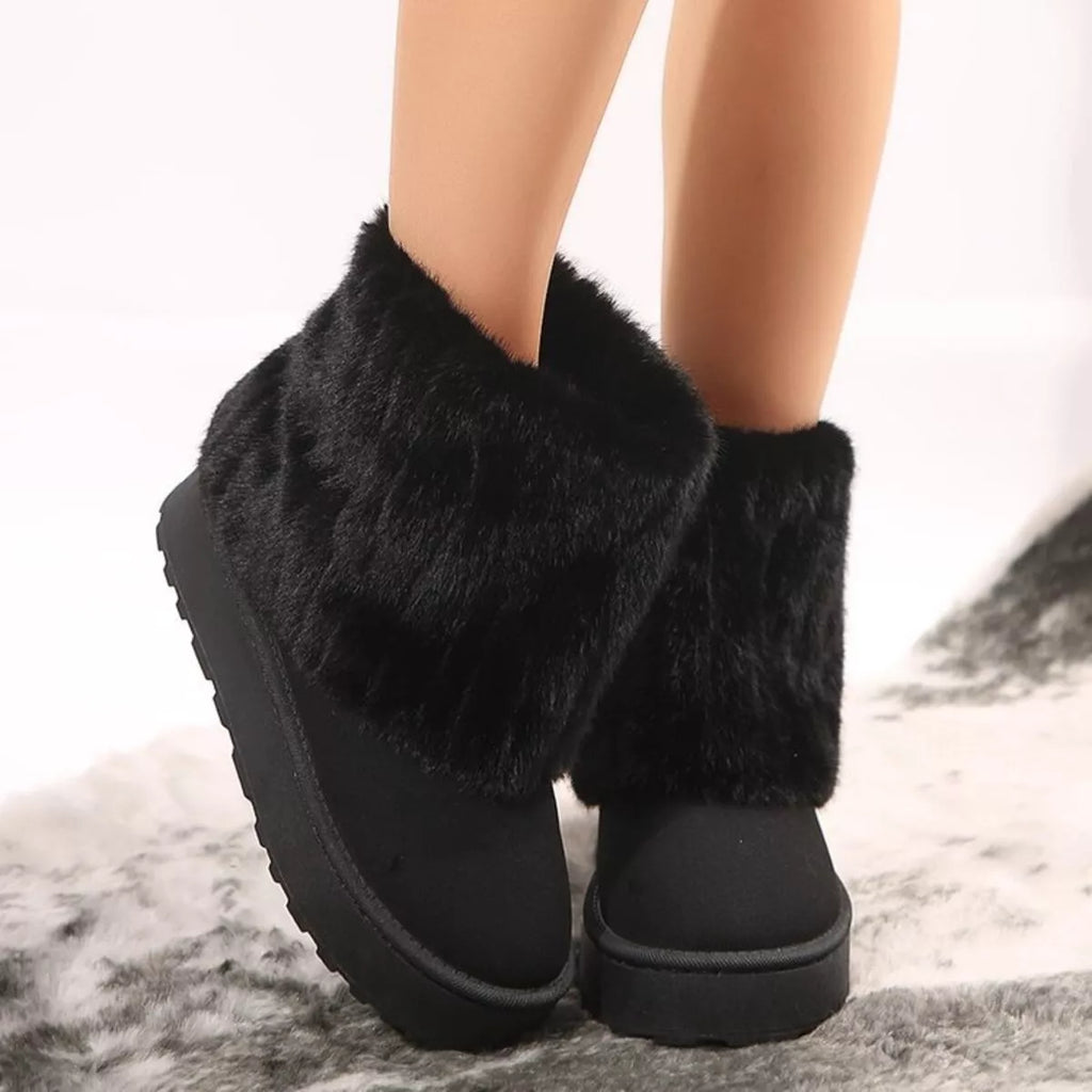 Fuzzy Round Toe Platform Boots in Camel for Women