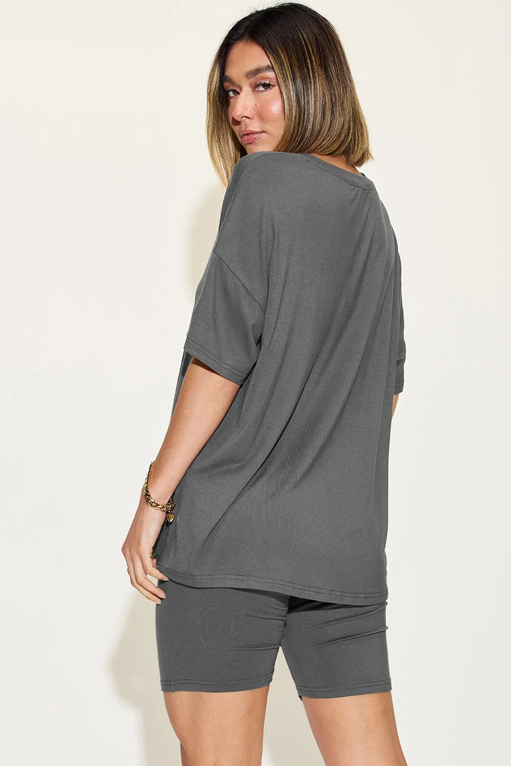 Plus Size V-Neck Drop Shoulder T-Shirt and Shorts Set in Dark Gray for Women