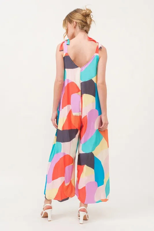 Tied Shoulder Straps Wide-Leg Geo Print Jumpsuit for Women