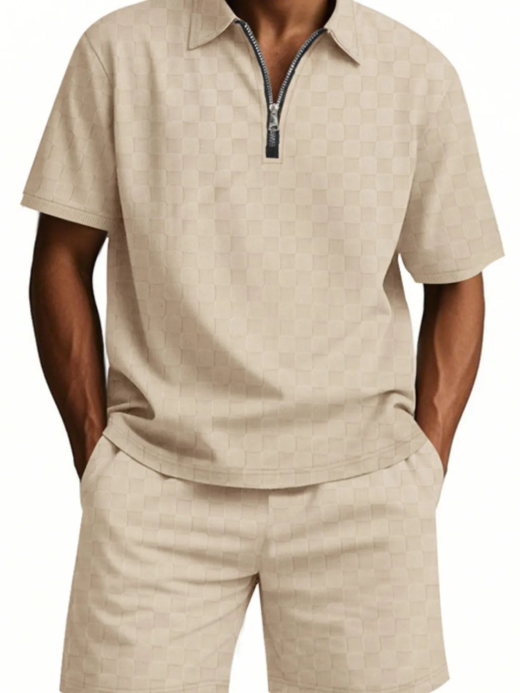 Quarter Zip Short Sleeve Top and Shorts Set Plus Size in White for Men