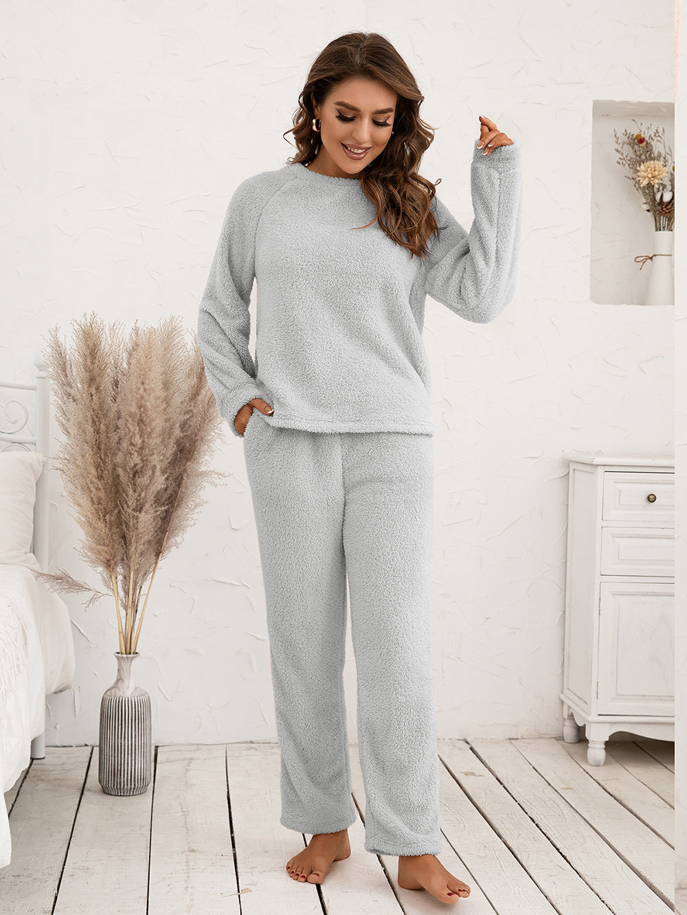 Ivy Lane Teddy Long Sleeve Top and Pants Lounge Set in Burgundy for Women