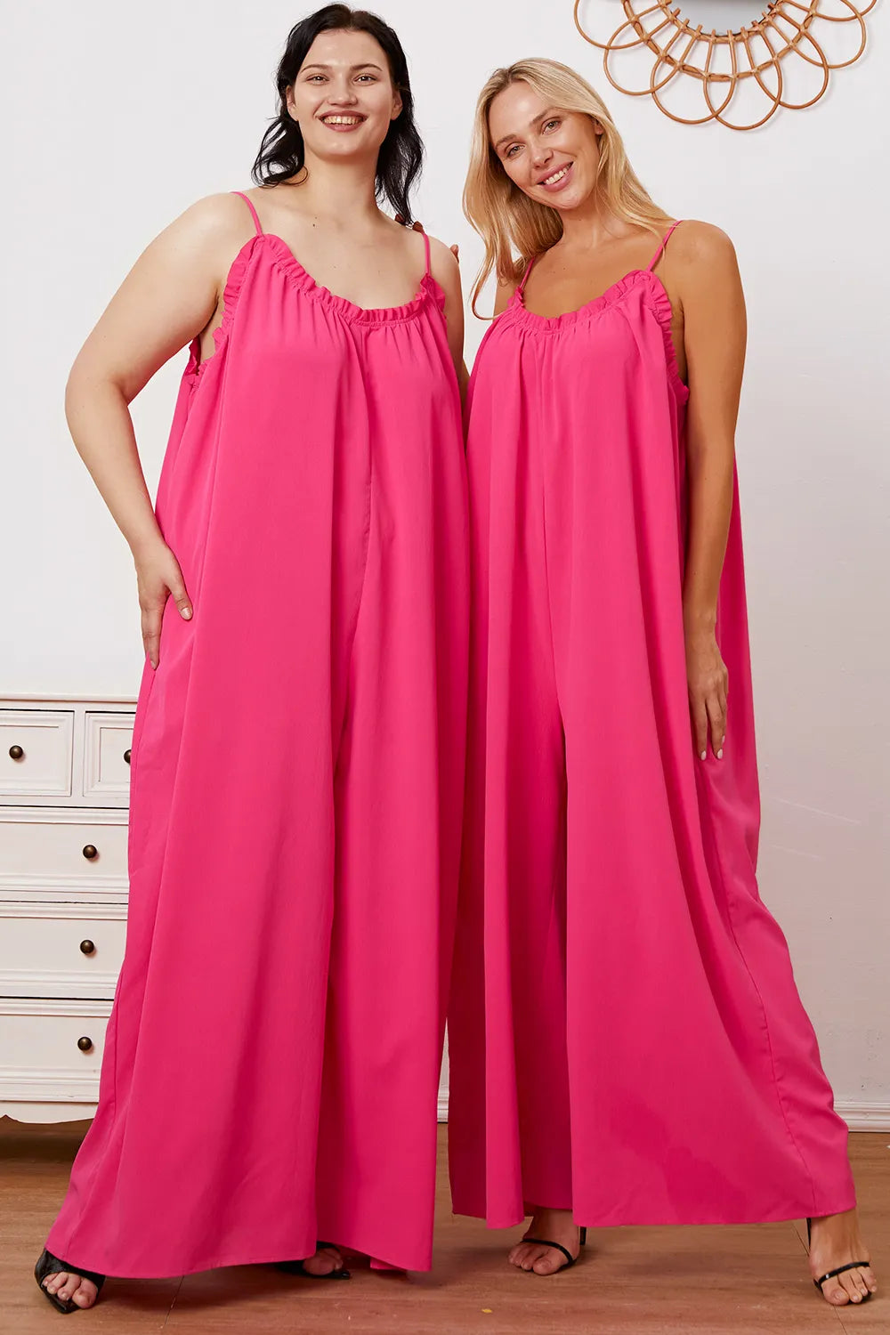 Plus Size Ruffle Trim Tie Back Cami Jumpsuit with Pockets for Women
