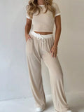 Contrast Trim Top and Pants Set in Khaki for Women