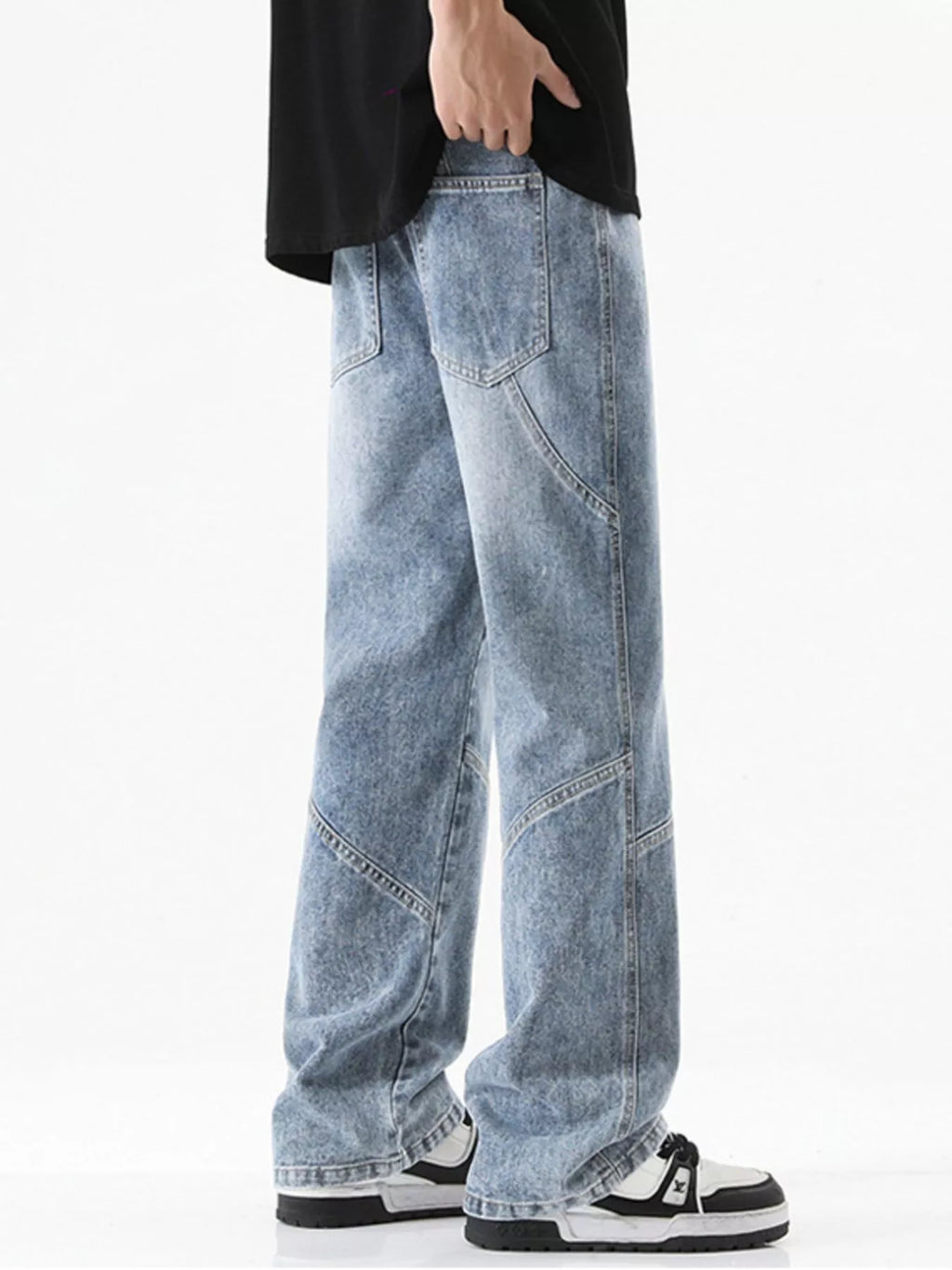 Drawstring Wide Leg Jeans Plus Size in Black in Vintage Blue for Men