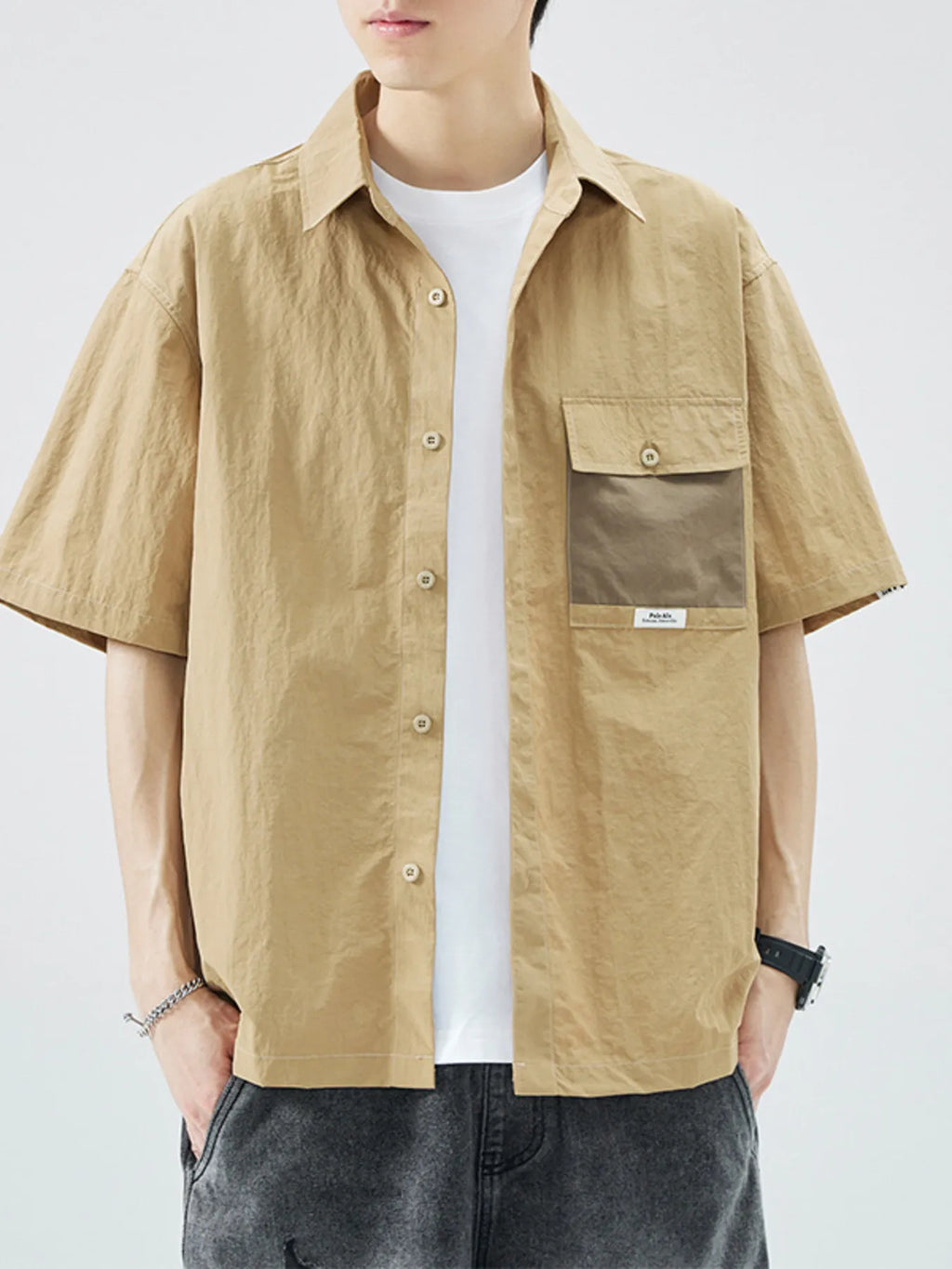 Plus Size Button Up Short Sleeve Shirt in Ivory for Men