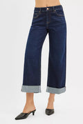Mid Rise Fit Ankle Wide Roll Up Jeans in Dark for Women