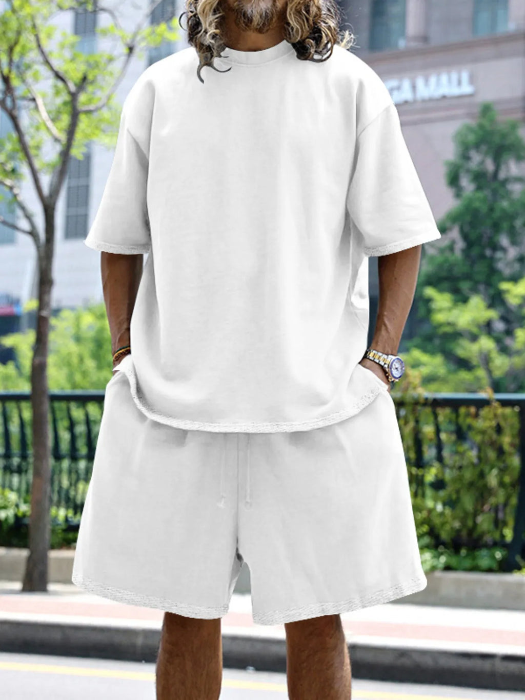 Round Neck Short Sleeve Top and Shorts Set Plus Size in Sky Blue in Black for Men