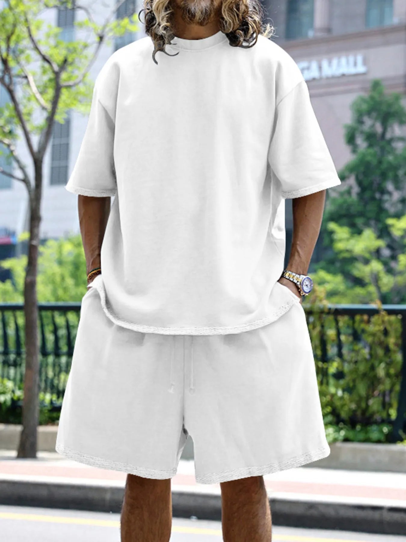 Round Neck Short Sleeve Top and Shorts Set Plus Size in Sky Blue in Black for Men