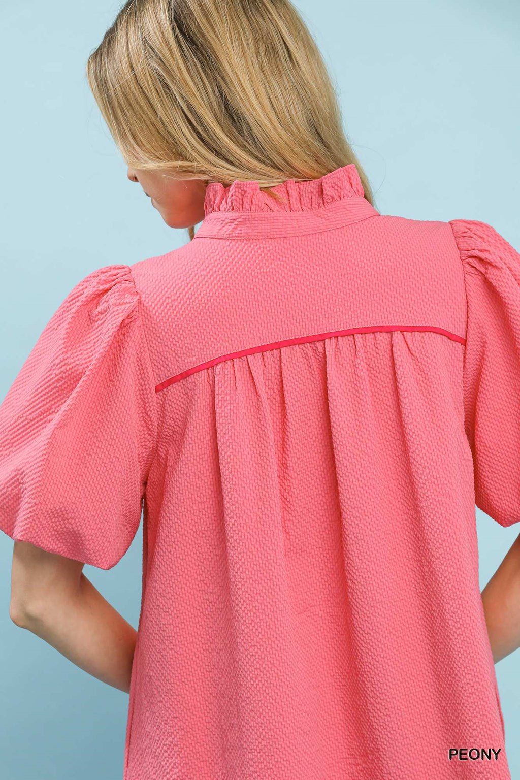 Seersucker Puff Sleeve Dress in Peony for Women