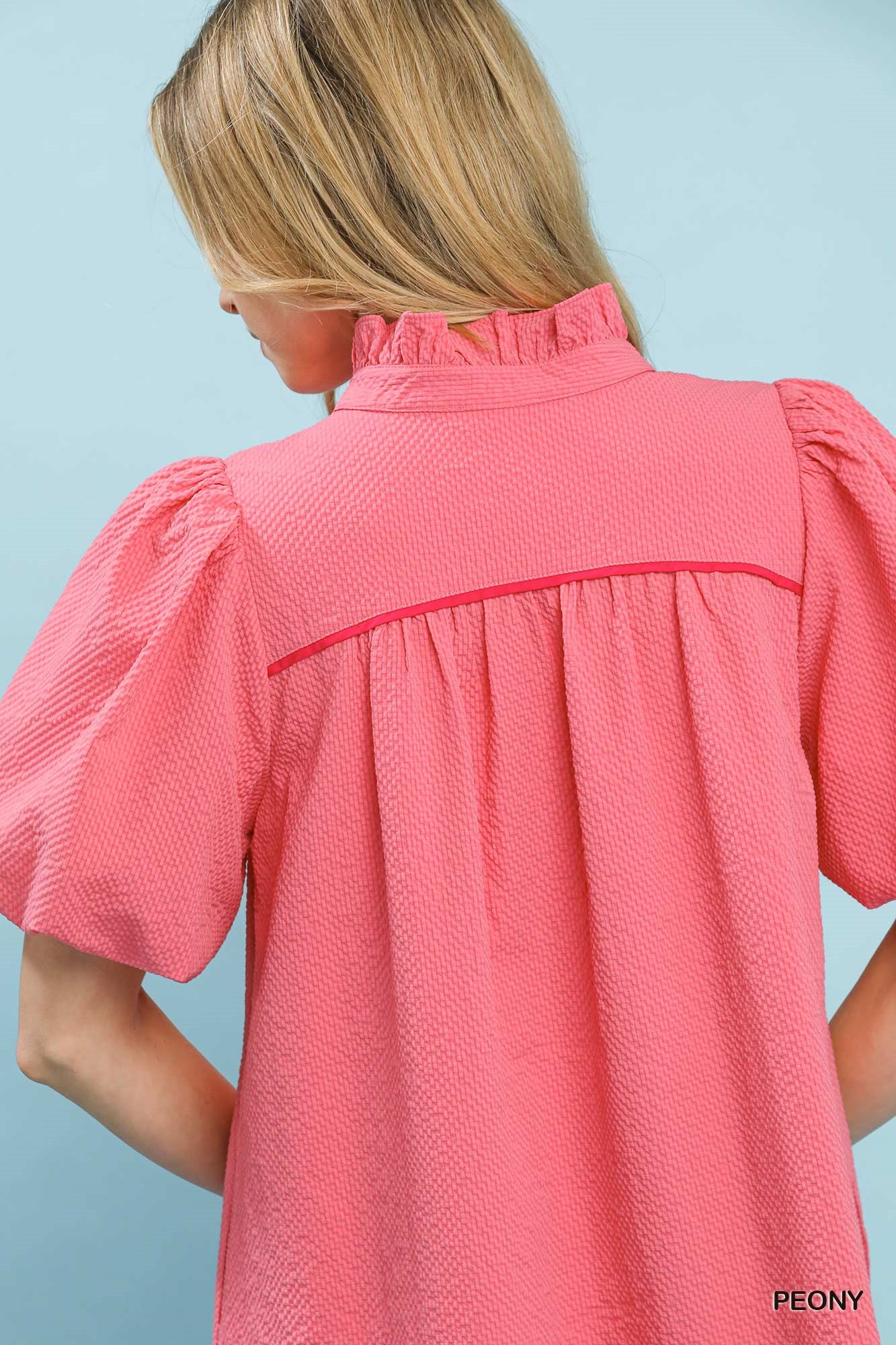 Seersucker Puff Sleeve Dress in Peony for Women