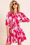 Leaf Pattern Collared Satin Dress in Fuchsia Multi for Women
