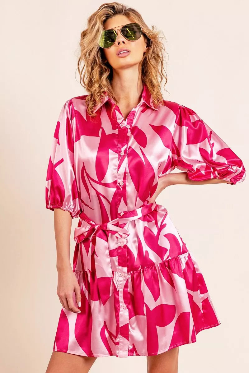 Leaf Pattern Collared Satin Dress in Fuchsia Multi for Women