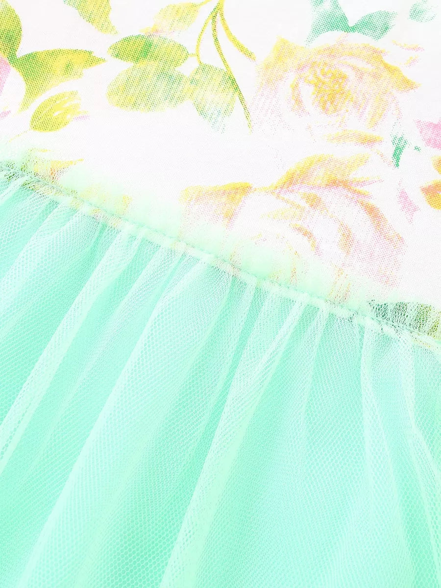 Floral Print Tulle Dress in White for Girls