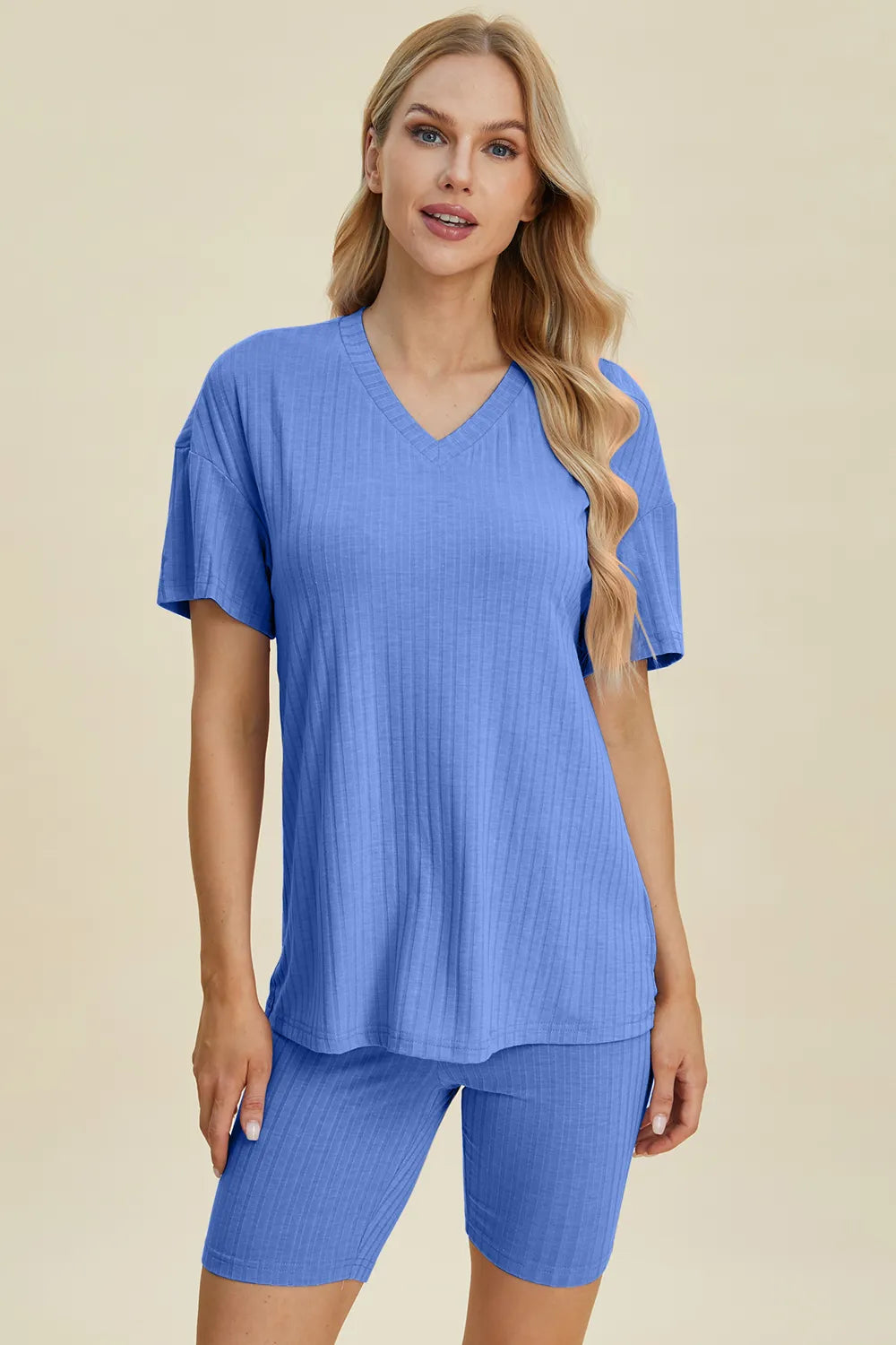 Plus Size Ribbed V-Neck Short Sleeve Top and Shorts Set in Lavender for Women