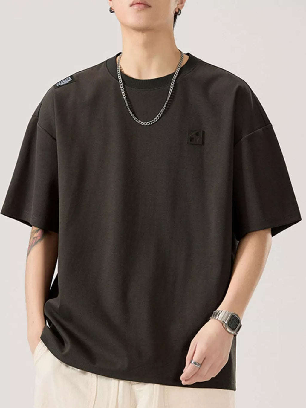 Round Neck Short Sleeve T-Shirt Plus Size in Black Gray for Men
