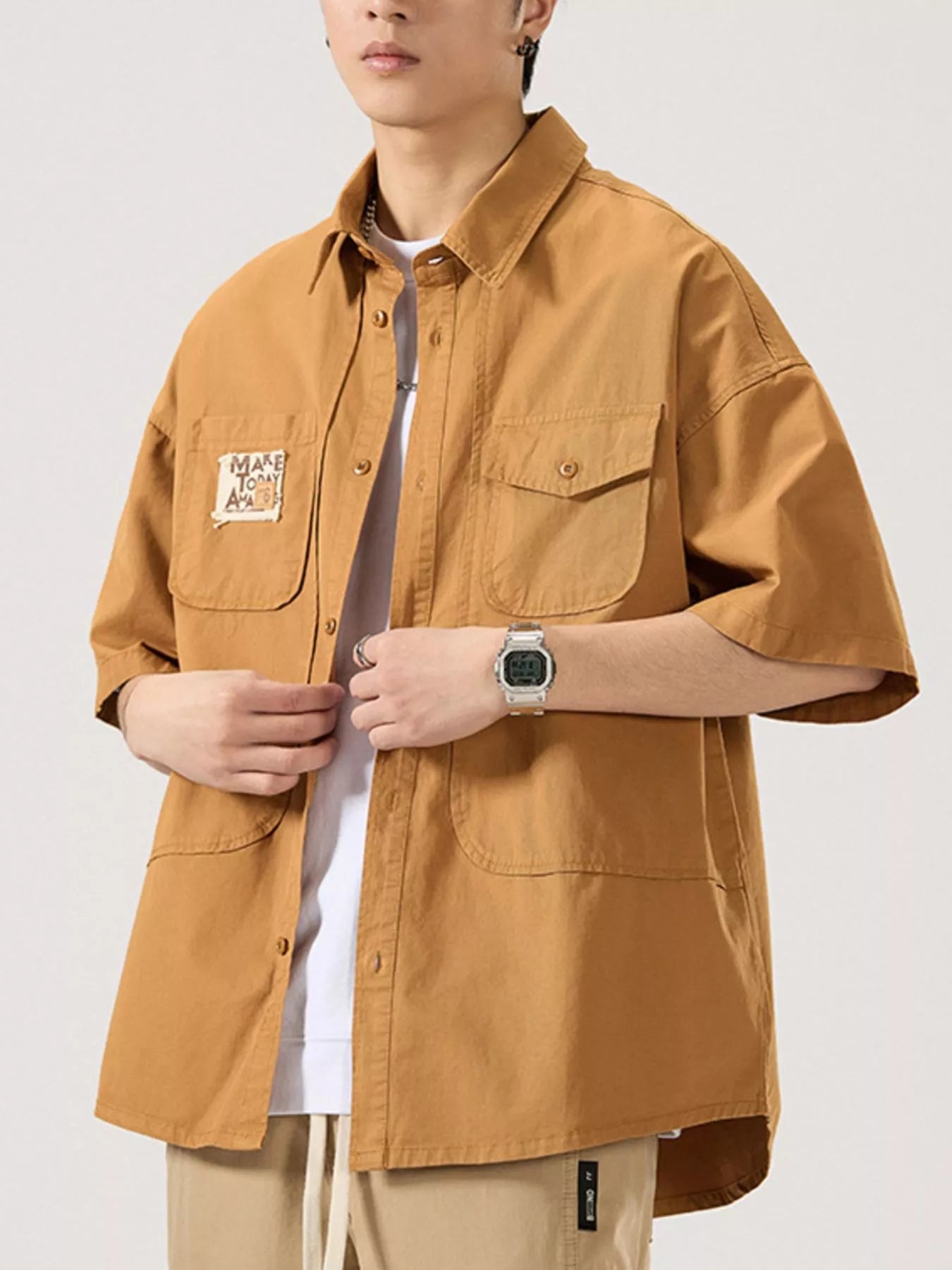 Button Up Short Sleeve Shirt Plus Size in Army Green in Light Apricot for Men