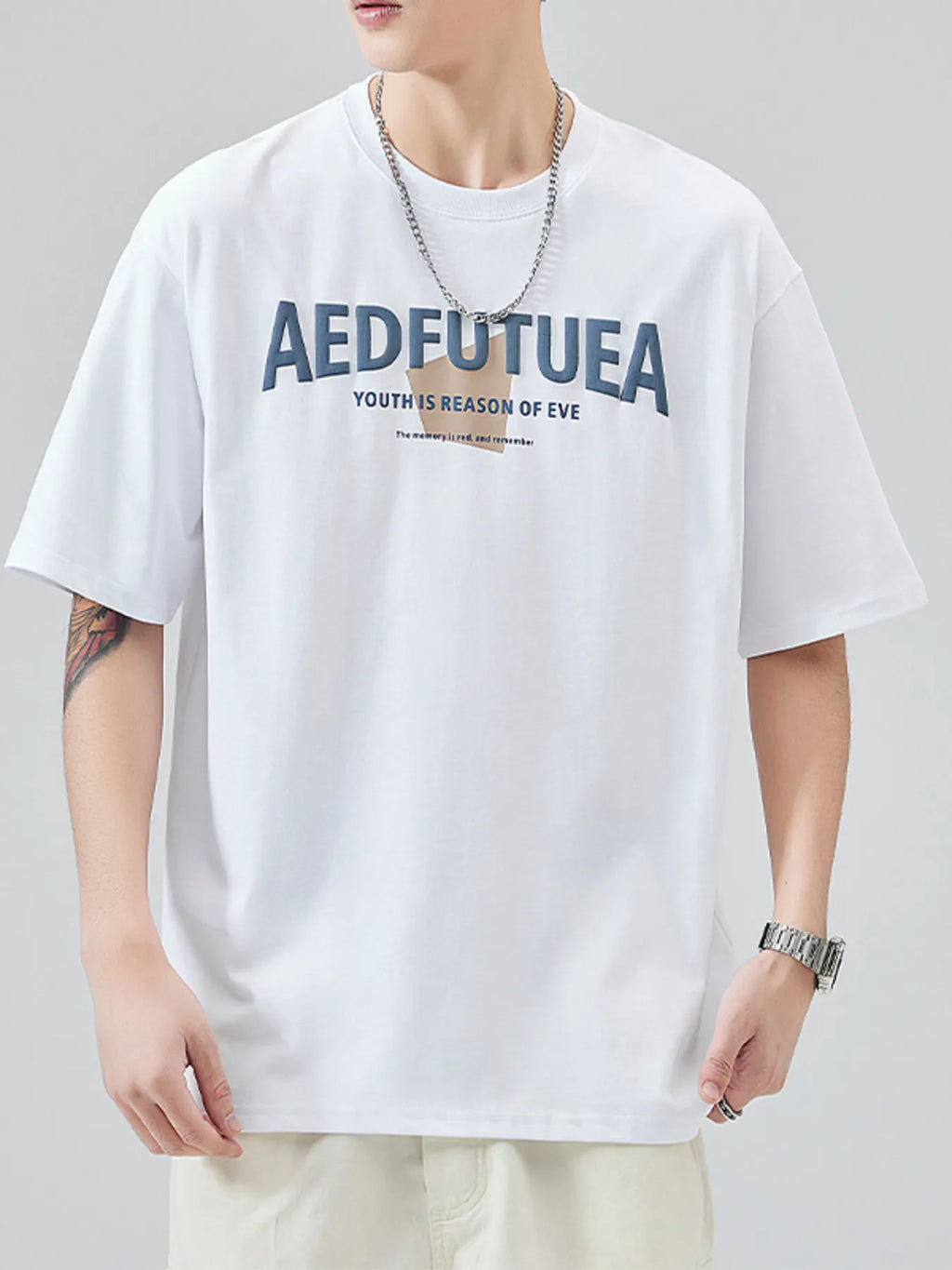 Plus Size Letter Round Neck Half Sleeve T-Shirt in White for Men