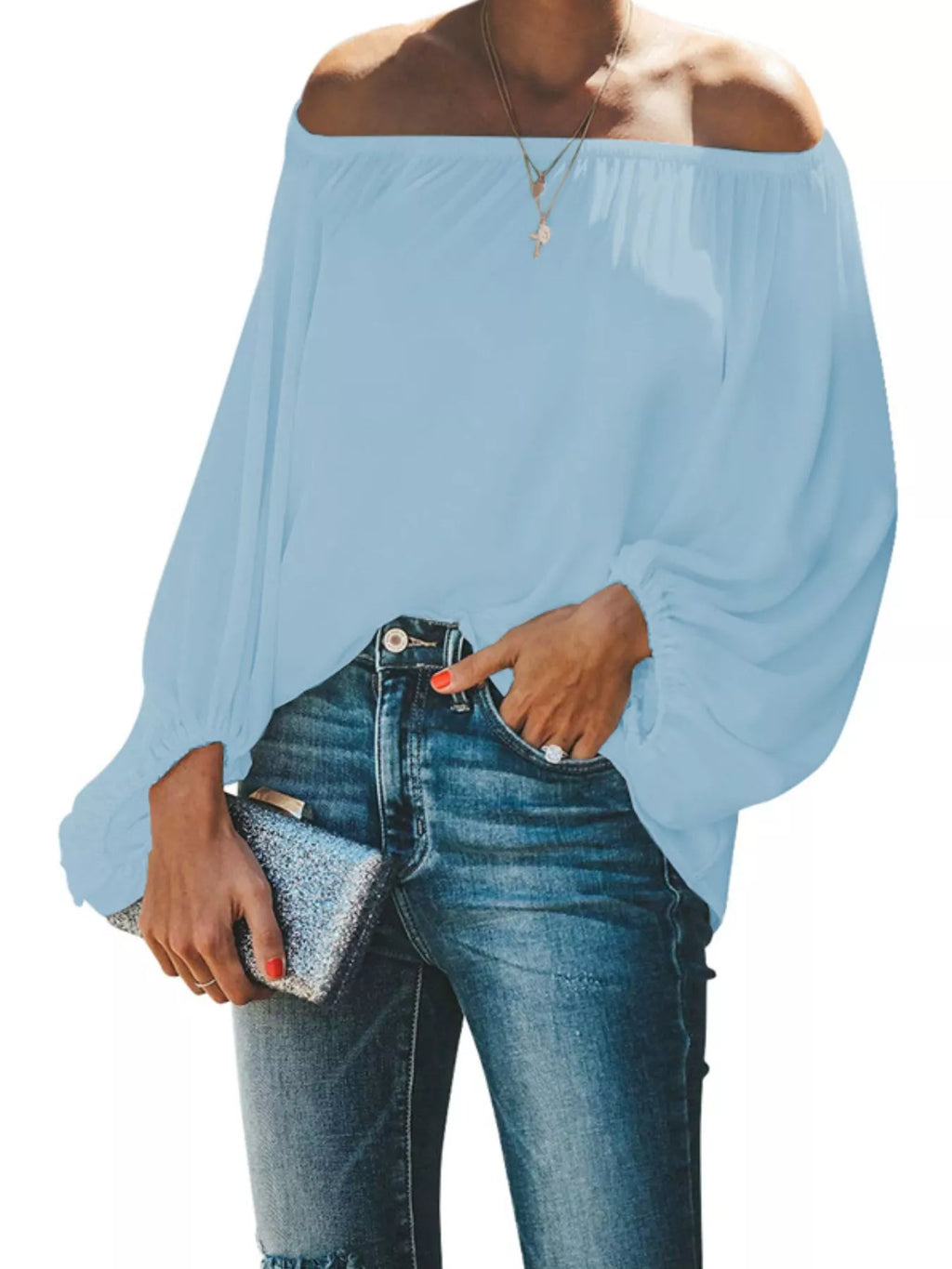 Off-Shoulder Balloon Sleeve Blouse Plus Size in Green for Women