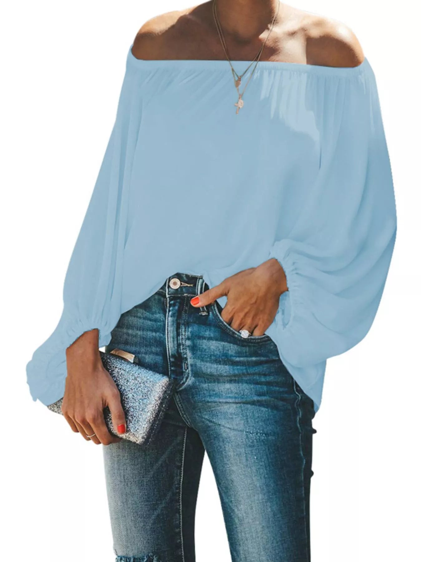 Off-Shoulder Balloon Sleeve Blouse Plus Size in Green for Women