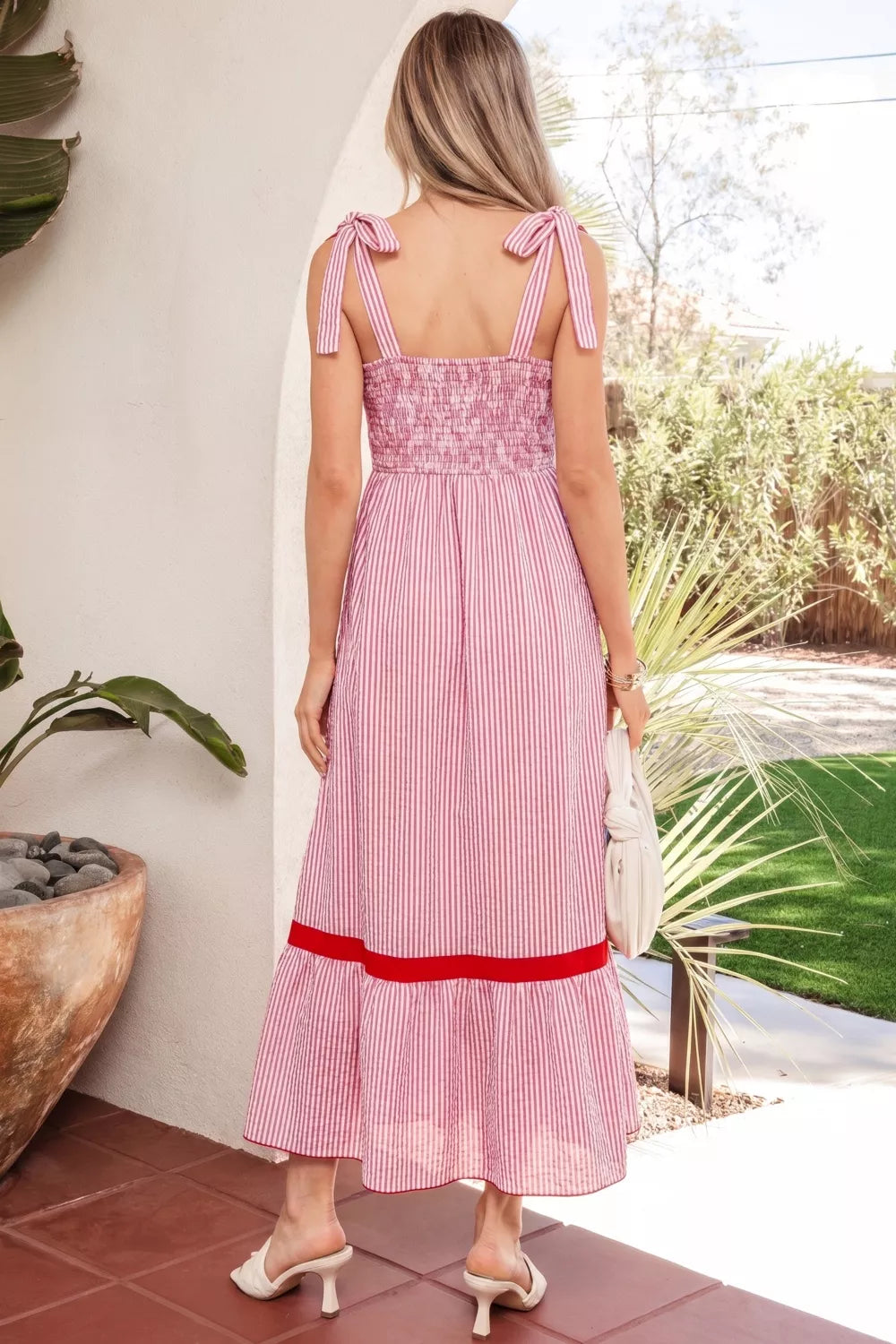 Stripe Bow Knot Straps Contrast Trim High Waist Ruffle Hem Maxi Dress for Women