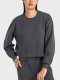 Round Neck Drop Shoulder Sports Top in Black for Women