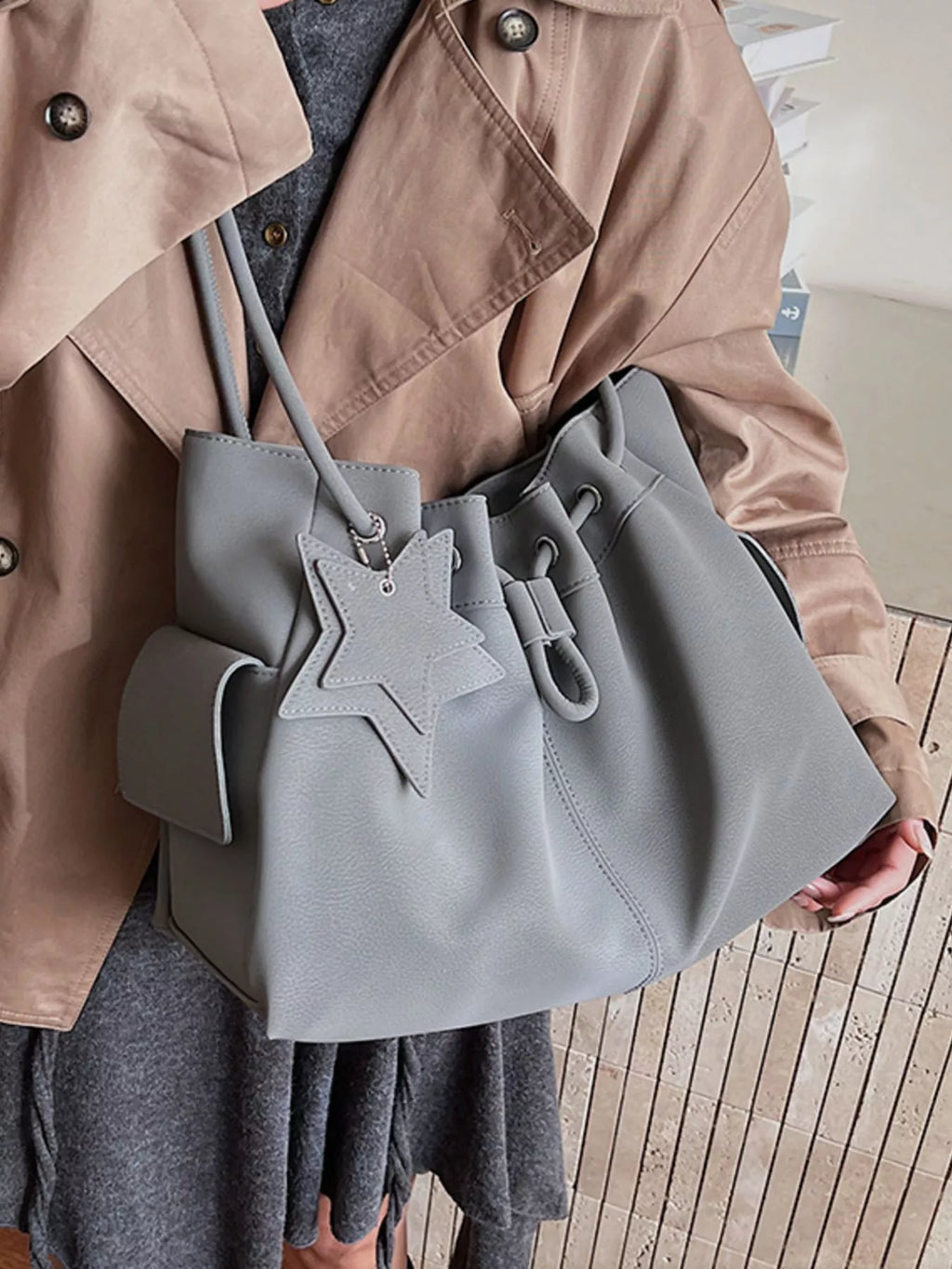Drawstring Shoulder Bag with Star Charm for Women