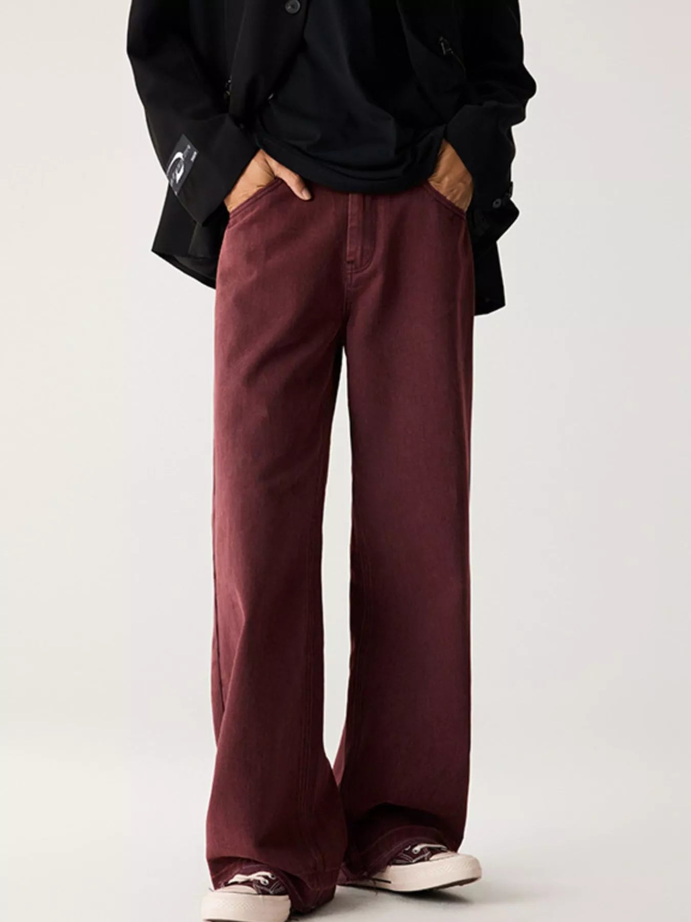 Wash Relaxed Fit Wide Leg Jeans in Berry Red for Men