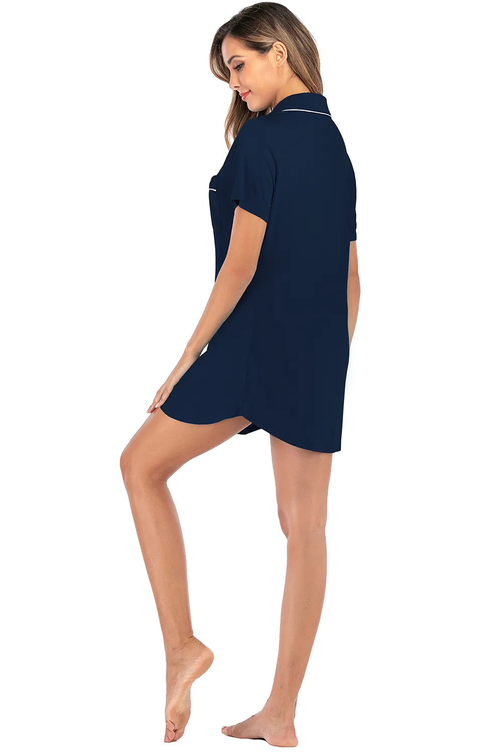 Contrast Piping Pocketed Short Sleeve Lounge Dress in Dark Blue for Women