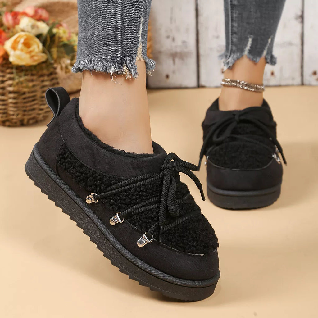 Lace Up Round Toe Platform Ankle Boots in Black for Women