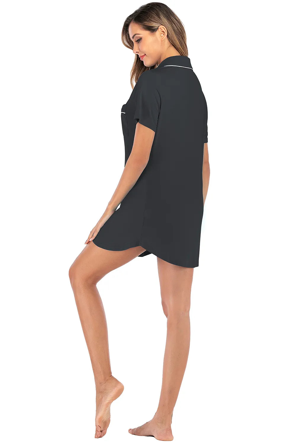 Contrast Piping Pocketed Short Sleeve Lounge Dress in Black for Women