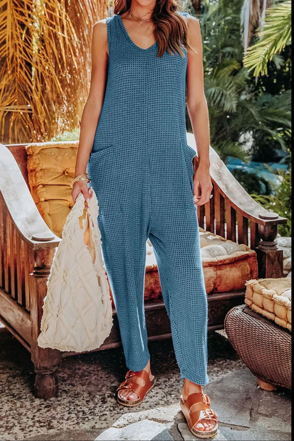 Plus Size Sleeveless Straight Jumpsuit in Sky Blue for Women