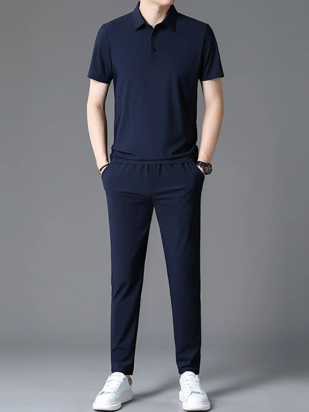 Button Detail Short Sleeve Polo Plus Size in Grey for Men