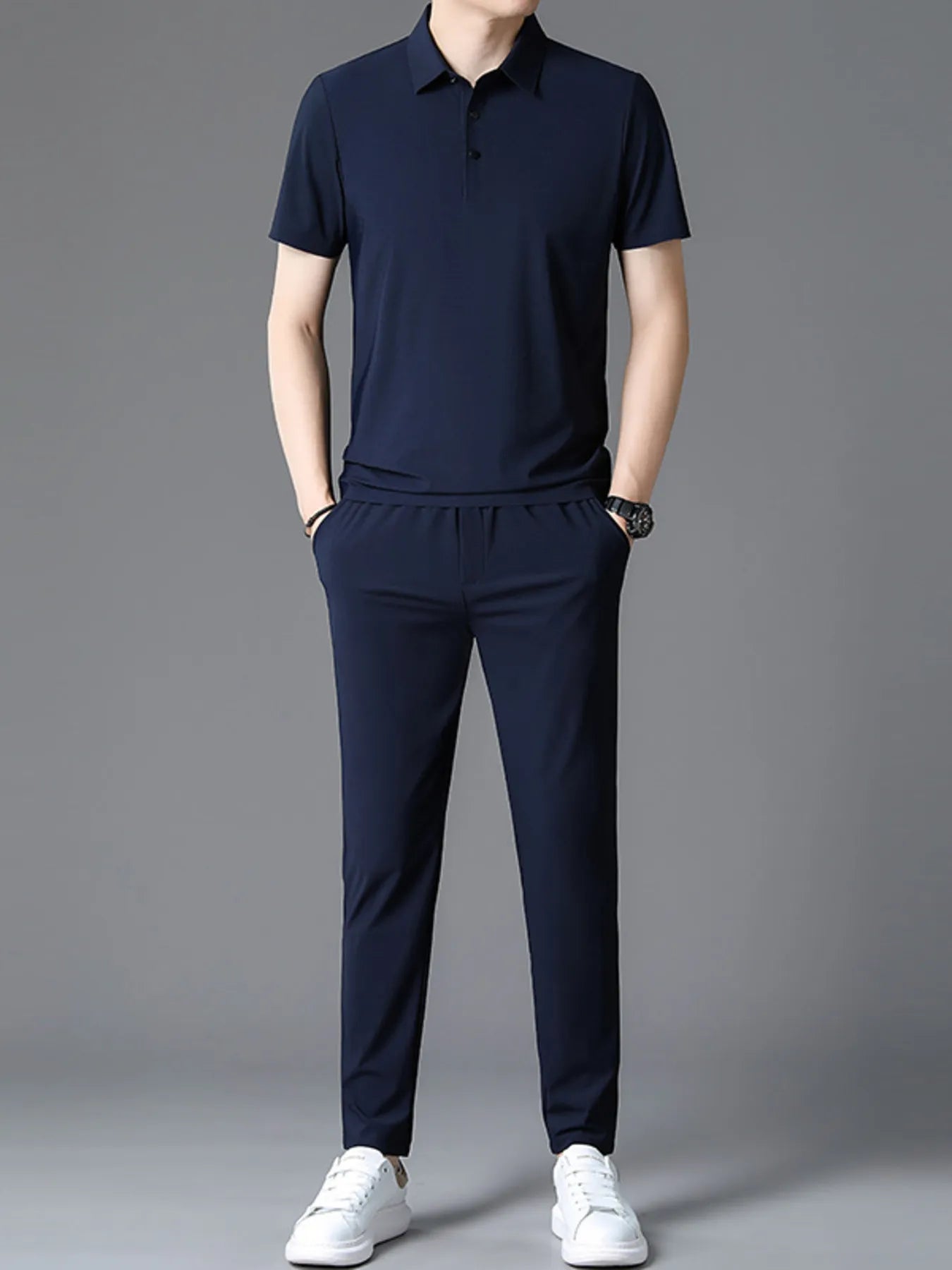 Button Detail Short Sleeve Polo Plus Size in Grey for Men
