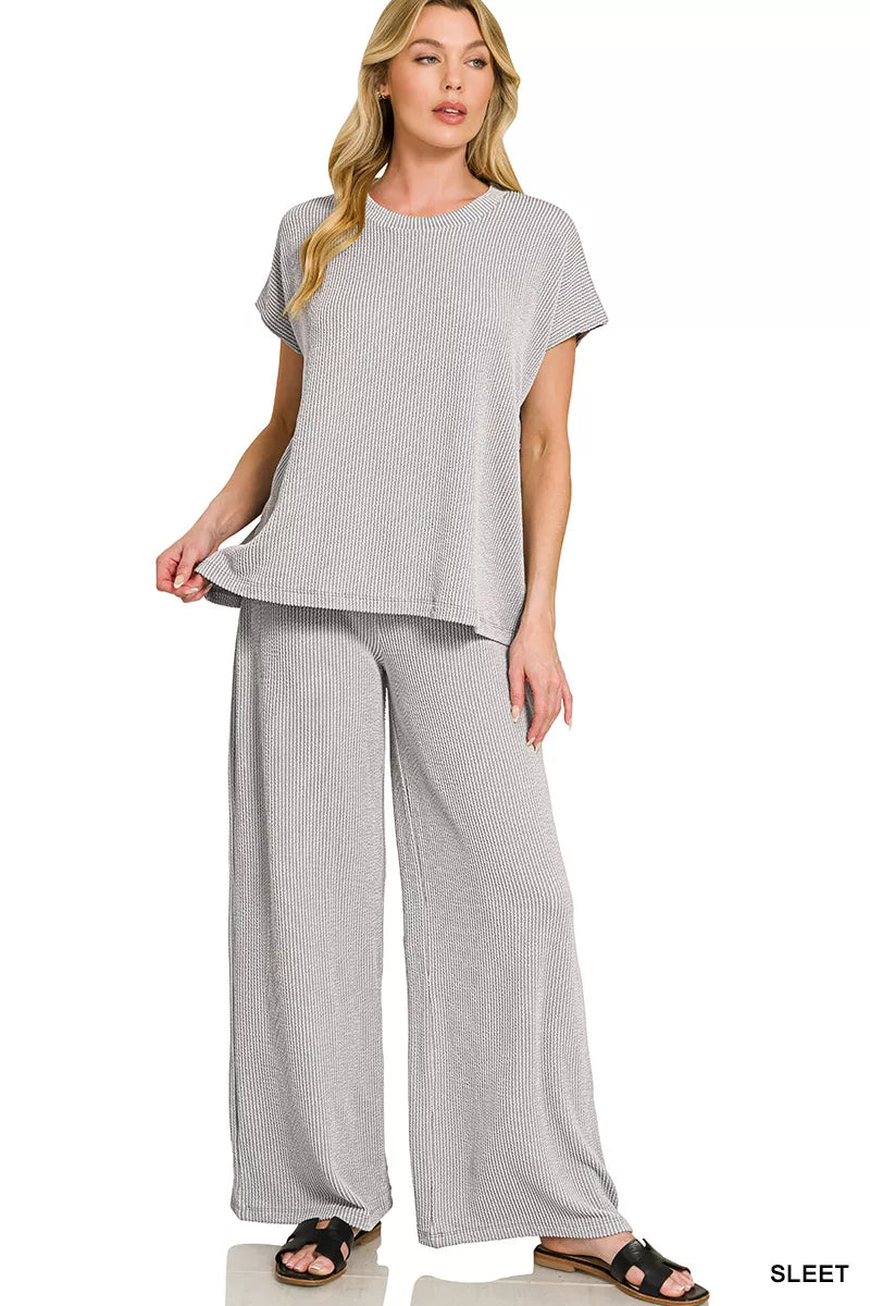 Raised Rib Relaxed Top & Pants Set in Sleet for Women